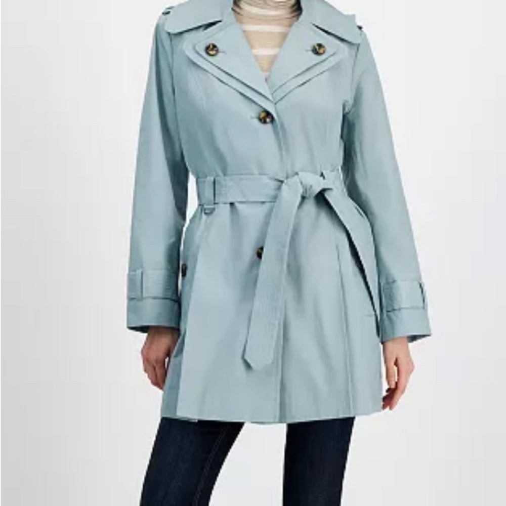 London Fog- Women's Single-Breasted Removeable Hood Belted Trench- Chambray - L